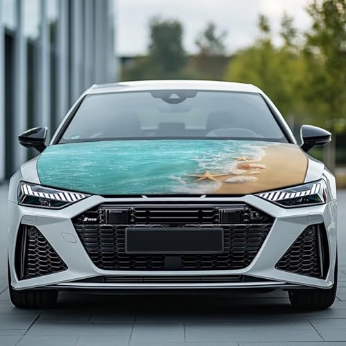Image of Beach Starfish Shells Hood Cover for Car SUV Sedan Truck, Waterproof Elastic Polyester Car Hood Protector, Automotive Exterior Decorative Accessories for Summer