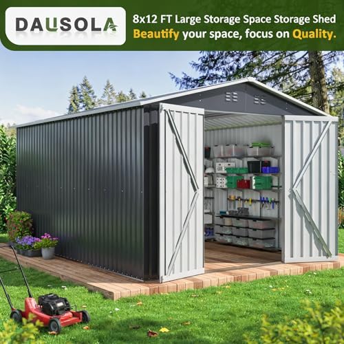 Image of DAUSOLA 7.1x12 FT Outdoor Storage Shed, Metal Garden Tool Shed with Updated Frame Structure and Lockable Doors, Ideal for Backyard Garden Patio Lawn, Grey