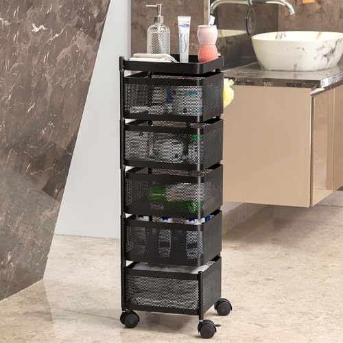 Image of MARKWELL Black Modern Kitchen Trolley with Wheels, 5-Tier Storage Solutions for Kitchen Organization and Accessories (Layer 5)