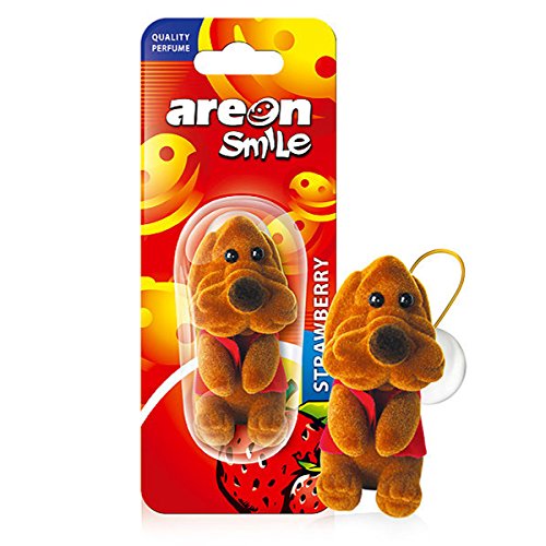 AREON Smile Ambientador Fresa Coche Aire Divertido Mini Decorativo Perro Colgar Colgante Retrovisor Moderno Muñeco Grasioso Marrón Original Perfume 3D Casa Oficina Olor (Strawberry Pack de 1)