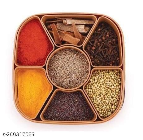 Image of KP International Rangoli dubba 7 Section Multipurpose Plastic Masala Box for Kitchen Royal Spice Boxe for Kitchen Container 7 Compartments with 1 Spoons (Square) Masalabox,23A KP81