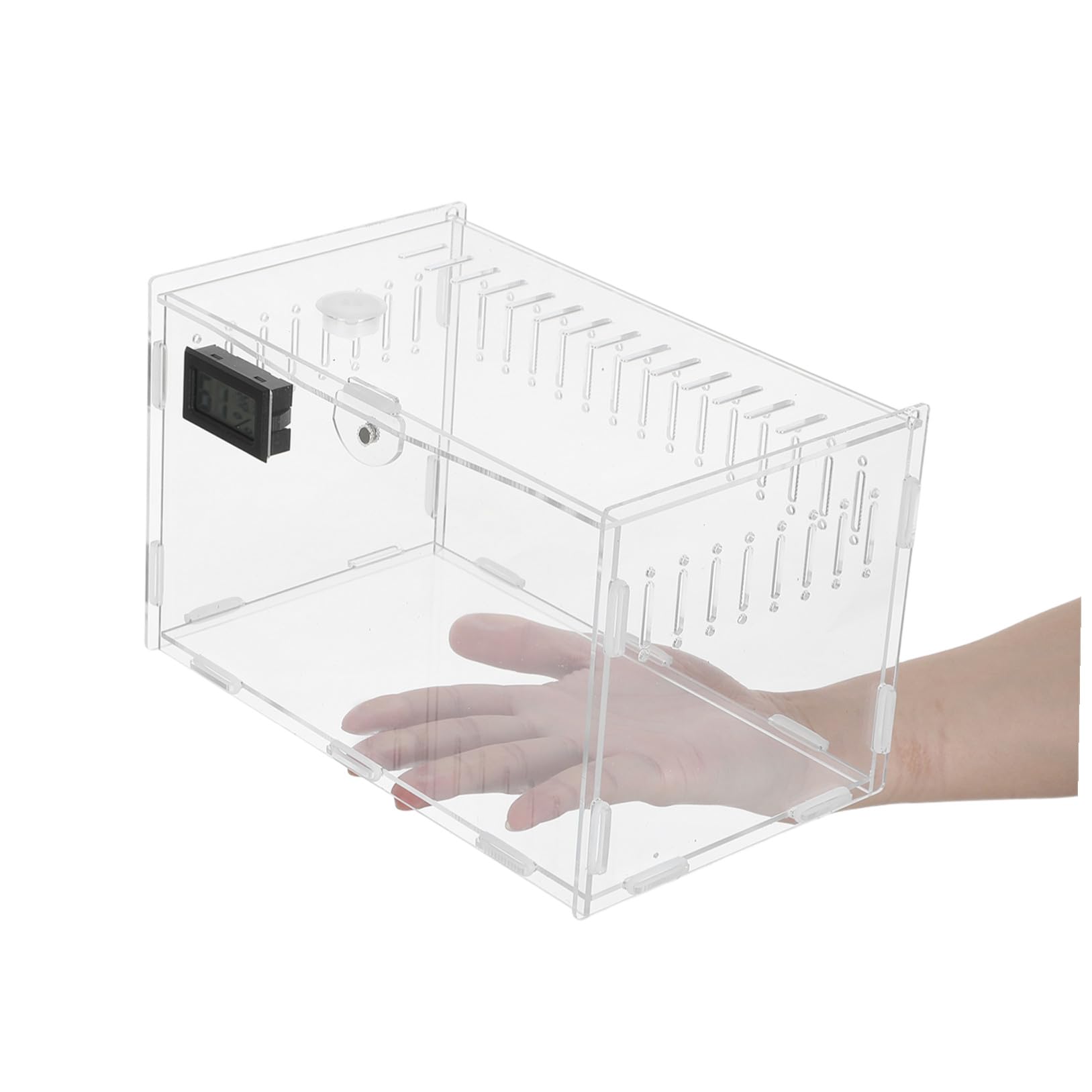 Teca per Rettili in Acrilico con Termometro e Igrometro Digitale | Ventilazione a 360°, Rete Ampia Superiore, Base Inferiore Removibile per Manutenzione Semplice