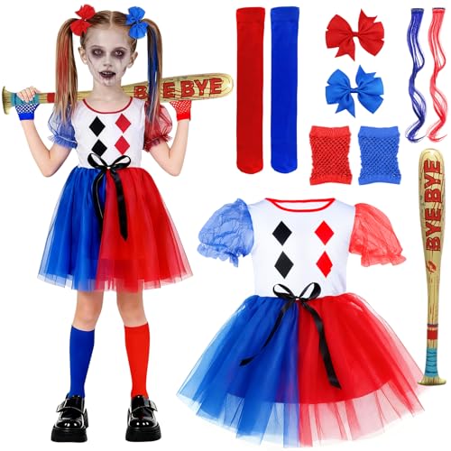 KISPATTI Quinn Kostüm Kinder Quinn Kostüm Mädchen Halloween Faschingskostüm Joker Cosplay mit Kleid Aufblasbarer Baseballschläger Haarschleife Perücke für Halloween Karneval Cosplay Kinder
