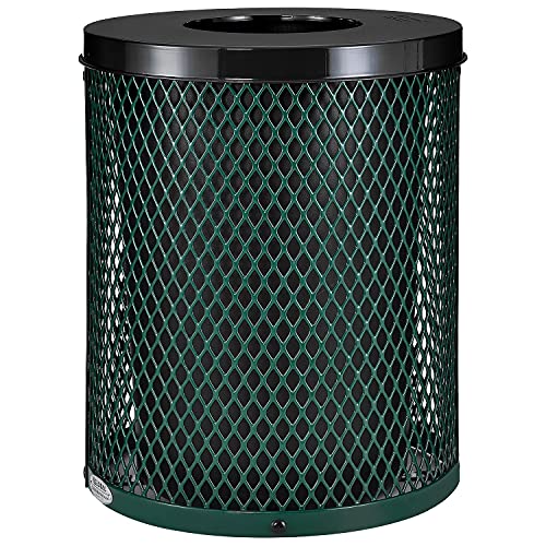 Global Industrial Outdoor Diamond Steel Trash Can with Flat Lid and Plastic Liner, 36 Gallon Capacity, Green, Thermoplastic Coating, 23-1/2" Diameter, 30" H