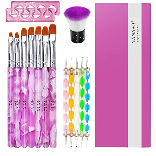 15Pcs Acrylic Nail Brush Set,7 Gel Nail Art Brushes and 5 Double Ended Nail Dotting Pen,2 Finger Toe Separators,Soft Kabuki Brush For Nail Painting With Box,Acrylic Brushes for Nail Salon Home
