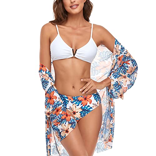 IHCEMIH Bikinis Mujer 2022 Push up Halter Cintura Baja Floral Impresión Bañador Bikini Brasileño Conjunto Tres Piezas Bañadores Traje de Baño Ropa de Natacion Piscina con Cárdigan Playa L Cover