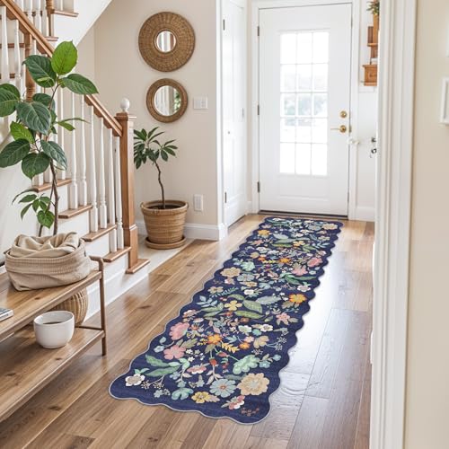 2x6 Hallway Floral Rug Runner: Washable Non Slip Low Pile Area Rug for Kitchen Front Door Soft Water Resistant Carpet for Bathroom Light Weight Durable Floor Mat for Bedroom Nursery(2x6/Blue/Purple)