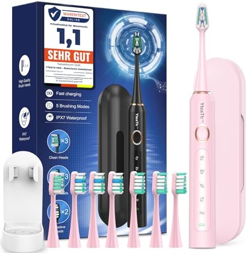 Elektrische Zahnbürste Schallzahnbürste für Erwachsene und Kinder - Electric Toothbrush mit 8 Bürstenköpfen (3 Typen) und 5 Modi. 90 Tagen Akkulaufzeit, 2 Minuten Smart Timer, Reis