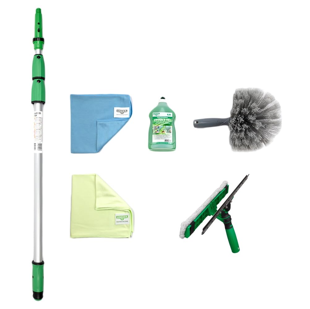 UNGER AK130 - Set di pulizia per giardino d'inverno (con detergente, lavavetri, asta di prolunga, panni in microfibra, pulizia senza aloni)