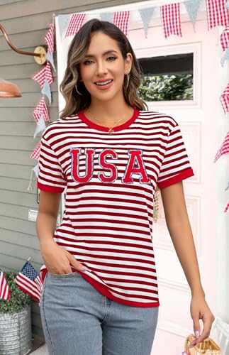 Image of Ithalt Women 4th of July Shirt Fourth of July Shirts USA Sequin Tshirt American Patriotic T-Shirt Stripes Tee Tops