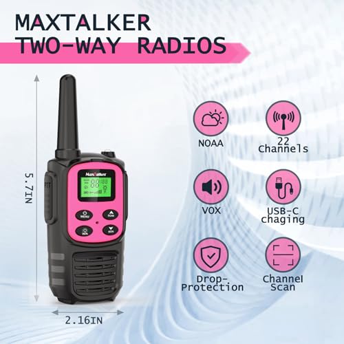 Image of MaxTalker Walkie Talkies Long Range for Adult, MT10 Rechargeable Walkie Talkies FRS Two Way Radio, NOAA, 1200mAh Li-ion Battery USB-C Cable, LED Flashlight,VOX Walkie Talkie for Camping 2Pack (Pink)