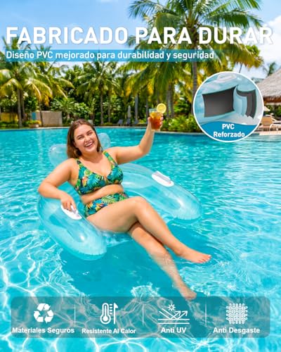 Miniatura 5 de Solavero Set De 2 Flotadores Piscina Adultos, 119 X 86 Cm Sillon Hinchable, Silla Flotante Con Portavasos Asa, Asiento Agua De Verano Para Relajarse, Leer Y Fiesta En La Piscina Transparente