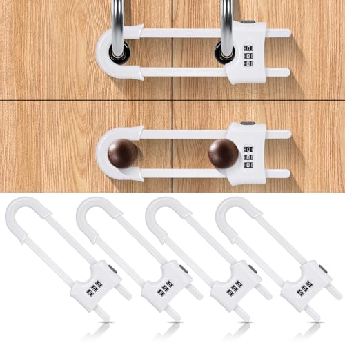 4 Pack Cabinet Locks with Combination U Shaped Sliding Cabinet Door Lock Child Proof Cupboard Locks Baby Proof Adjustable Safety Lock for Closet Code Latches Knob Handle Drawers - White
