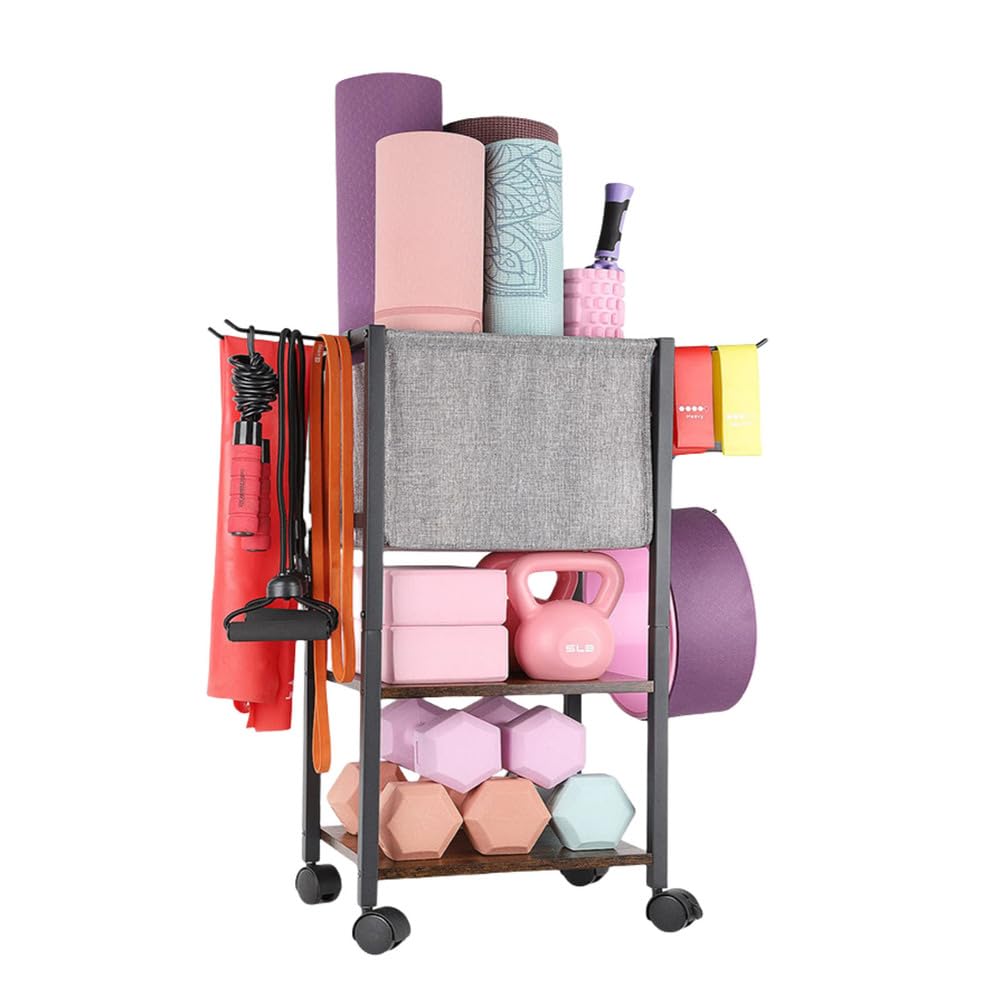 Étagère murale à roulettes pour tapis de yoga et accessoires de sport