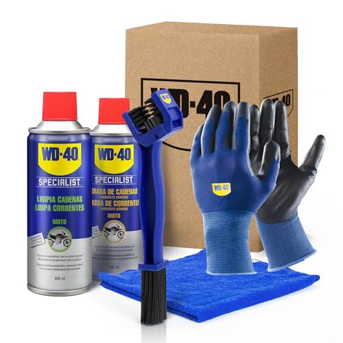 WD-40 Specialist Motorbike Kit Mantenimiento Cadena Moto Ambiente Humedo (Limpia Cadenas + Grasa Cadenas + Cepillo + Guantes + Paño), Blue