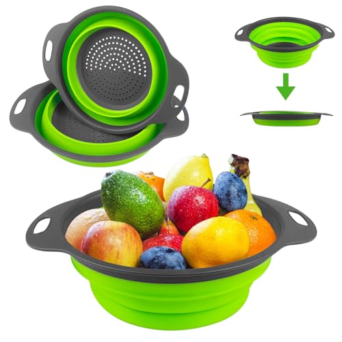 Newpop 2 Piezas Colador de Cocina, 2 Tamaños Escurridor Plegable, Colador Plegable Silicona, Fácil de Limpiar Escurridor de Verduras para Escurrir Pasta, Frutas, Verduras (Verde 25+29Cm)