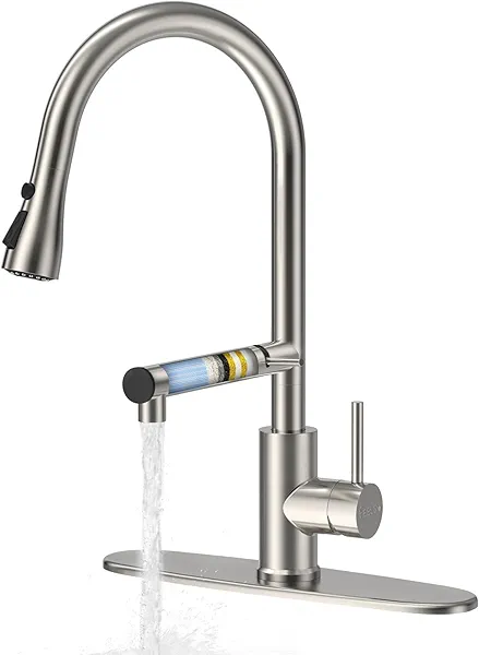 FEELSO Kitchen Faucets, Upgraded Filter Water Kitchen Faucet with Pull Down Sprayer, Brushed Nickel Stainless Steel High Arc 1 Or 3 Hole Kitchen Sink Faucet for Remove Chorine, Harmful Substances