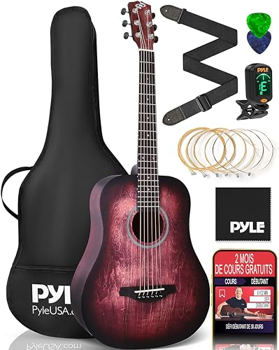 Pyle Kit de Guitare Acoustique Debutant - Guitare Enfant/Adulte-Taille Junior 1/2- instrument tout en Bois avec Cordes en Acier - 86cm Finition Rouge Crème Mat