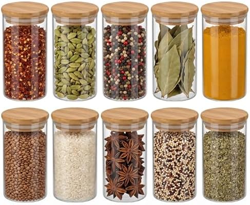 Kit 10 Potes de Vidro Borossilicato 250ml com Tampa de Bambu, Her...