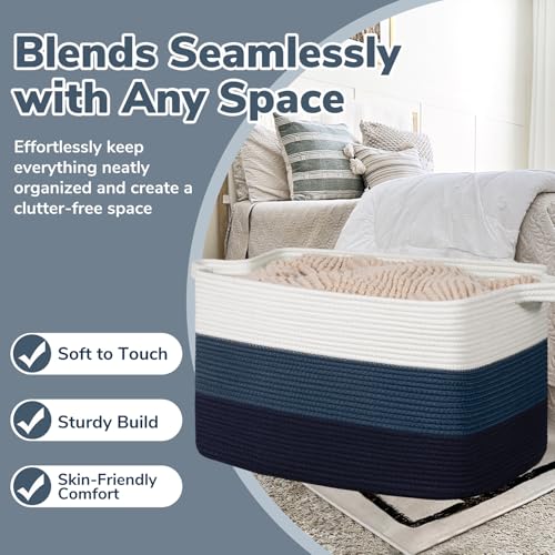 Image of Goodpick 85L Large Blanket Basket 23.6 inch x 15.7 inch x 13.8 inch Cotton Rope Storage Baskets for Organizing, Rectangle Woven Baskets for Storage, Baby Toy Basket for Nursery Bedroom, Blue