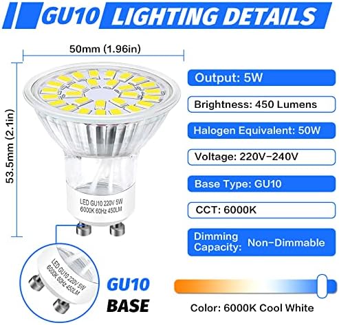 Bonnov GU10 LED Bulb 5W, MR16 Light Bulbs, 50W Halogen Spotlight Bulb Equivalent, Cool White 6000K, 450LM, Non-Dimmable, 12-Pack