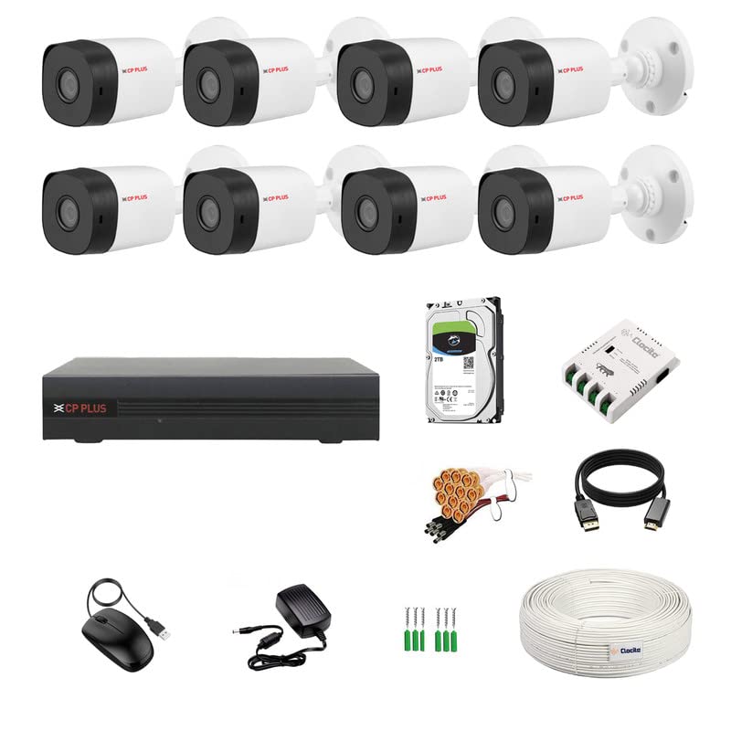 Image of CP Plus 8 Channel DVR + 2.4MP 8 Bullet Cameras with Audio Recording (Day /Night Vision) + 2TB HDD + Copper Cable Roll (1+3) + 8 CH Power Supply + BNC & DC Full Combo Kit