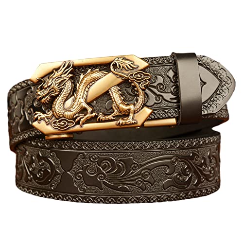 1 3/8"(35mm) Ratchet Embossed Belt With Engraved Dragon Eagle Auto Buckle - Western Cowboy Black Leather Waist Strap2