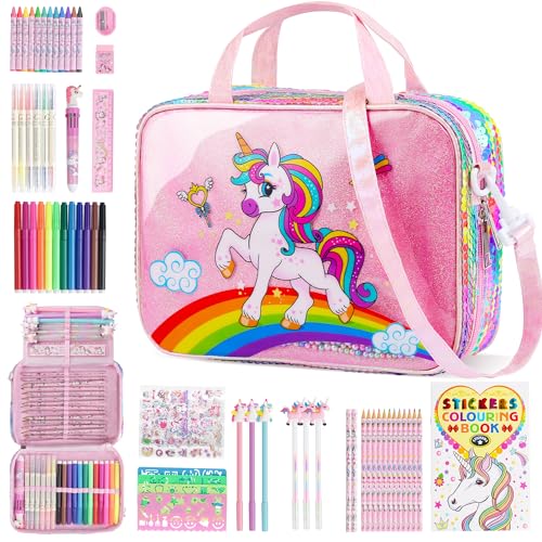D-FantiX Kit Coloriage Enfants Parfumés aux avec Sac à main Licorne, Set d'art pour Enfants 63 pièces Kit Dessin, Crayons, Stylos de Couleur, Autocollants,...