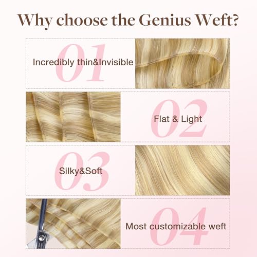 Image of GOO GOO Genius Weft Hair Extensions Human Hair, Sew In Weft Extensions, Seamless Blend & No Bulk Flat, Natural Volume for Women, 16 /22 Light Blonde Highlighted Golden Blonde 14 Inch 50g