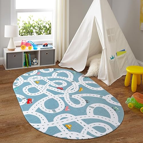 Image of LIVEBOX Large Washable Kids Rug, 4'x6' Non-Slip Car Road Rug for Playroom, Fun Kids Room Rugs for Bedroom, Blue Road Carpet Indoor Kid Play Mat for Toy Toddler Room Classroom