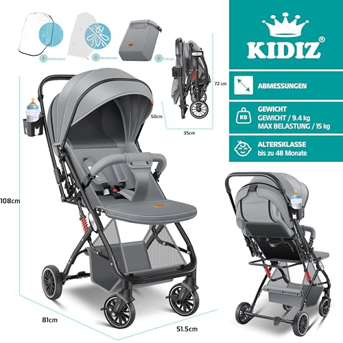 KIDIZ® Kinderwagen Kinderbuggy klappbar Liegebuggy Sportwagen Faltbar 360° Räder 5-Punkt Gurt Inkl. Fußsack, Getränkehalter, Regenabdeckung & Moskitonetz verstellbare Rückenlehne & Sonnenverdeck