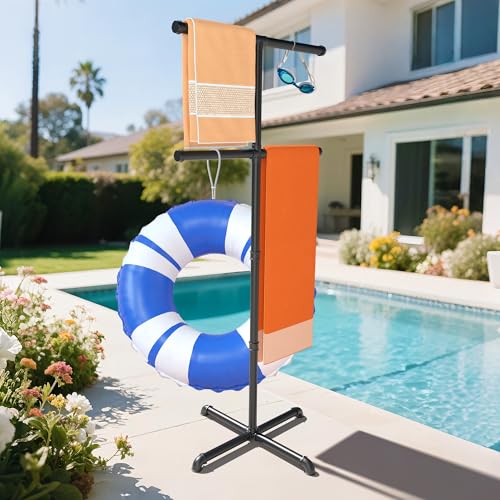 Hjarta Pool Towel Rack Outdoor, Pool Towel Holder with 4 Bars, Poolside Towel Rack with Anti-Tipping Design Base, 59 Inch Free Standing Rack for Outdoor, Pool, Bathroom, Spa, Hot Tub