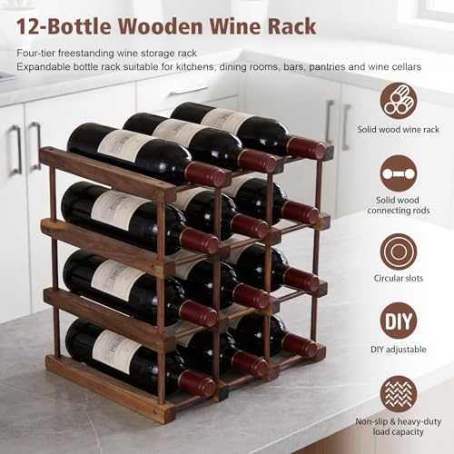 Yolispa Wooden Wine Rack for 12 Bottles, 4 Tiers Freestanding Wine Holder Organizer, Expandable Bottle Racks for Kitchen, Restaurant, Bar, Pantry, Cellar - Image 3