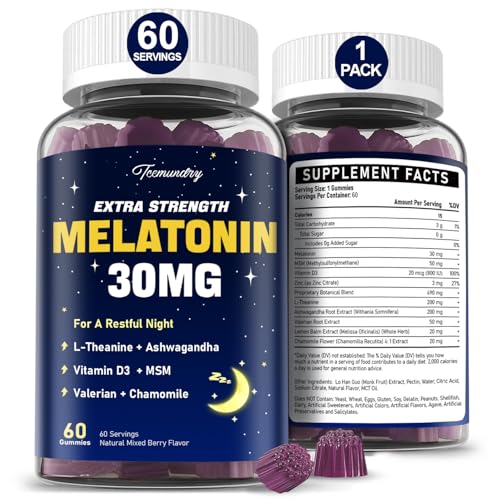 Image of Melatonin Gummies 30mg for Adults: Maximum Strength Melatonin Supplement with L-Theanine, Ashwagandha, MSM, Vitamin D3 & Zinc - Non-Habit Forming, Natural Mixed Berry Flavor 60 Count (Pack of 1)