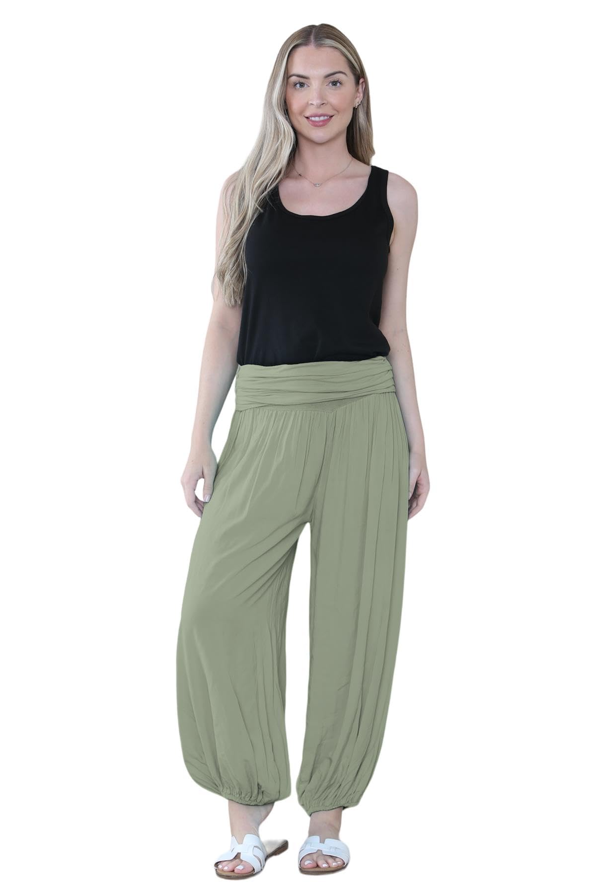 Pantaloni harem larghi da donna italiani Alibaba, comodi ed eleganti, vestibilità larga, pantaloni harem da donna UK | Pantaloni estivi perfetti per le donne UK, cachi, Taglia unica