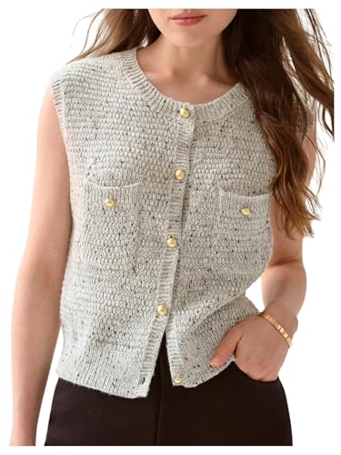 OYOANGLE Women's Button Up Sweater Vest Crew Neck Elegant Work Dressy Knit Vest Old Money Clothes