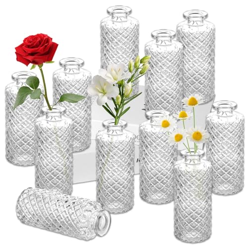 LDXDRU 12 Pièces Vase Verre Transparent 13,2 x 5,5 cm, Soliflore Carré pour Vase Fleur, Petits Vases Décoratifs Table Mariage, Salon et Centre Maison Déco