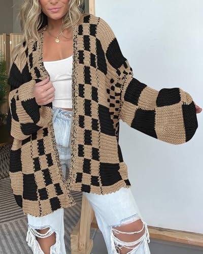 Image of BTFBM Casual Cardigan Sweater for Women Fall 2026 Long Sleeve Open Front Chunky Knit Sweaters Checkered Outwear Coat