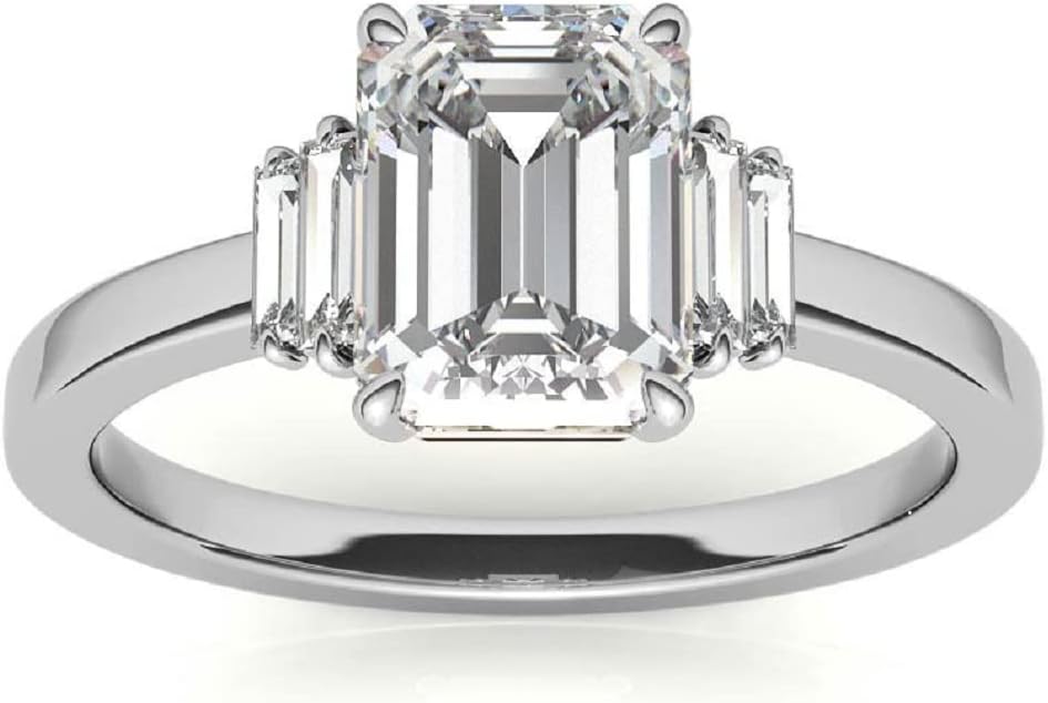 10K Solid White Gold Handmade Engagement Rings, 3.0 CT Emerald Cut Moissanite Diamond, Solitaire Wedding/Bridal Rings Set, Emerald & Sapphire 3 Stone, Size 3-12