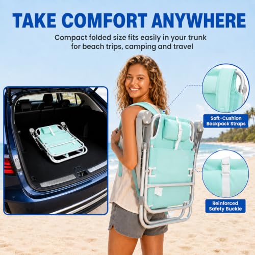 Image of SUNNYFEEL XL 28 inch Extra Wide Beach Chair for Adults,Low Backpack Beach Chair | 5-Position Lay Flat Reclining, 500 lb Heavy Duty Folding Chair with Pillow & Cup Holder, Teal