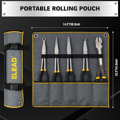 Image of 5-Piece 11 Inch Long Needle Nose Pliers Set with 4 Magnetic Plier Racks, Extra Long Reach Pliers Set, 45 & 90 Bent Needle Nose Pliers, Circle Nose and Diagonal Pliers for Tight Spaces
