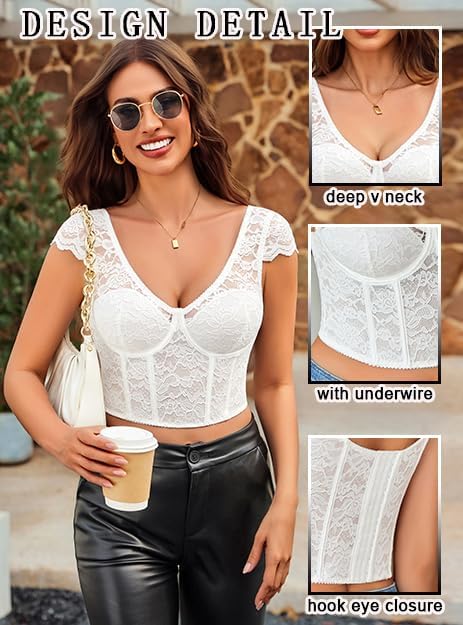 Avidlove Corset Tops for Women Floral Lace Bustier Cap Sleeve Crop Top Sexy V Neck Going Out Outfit with Buckle - Image 9