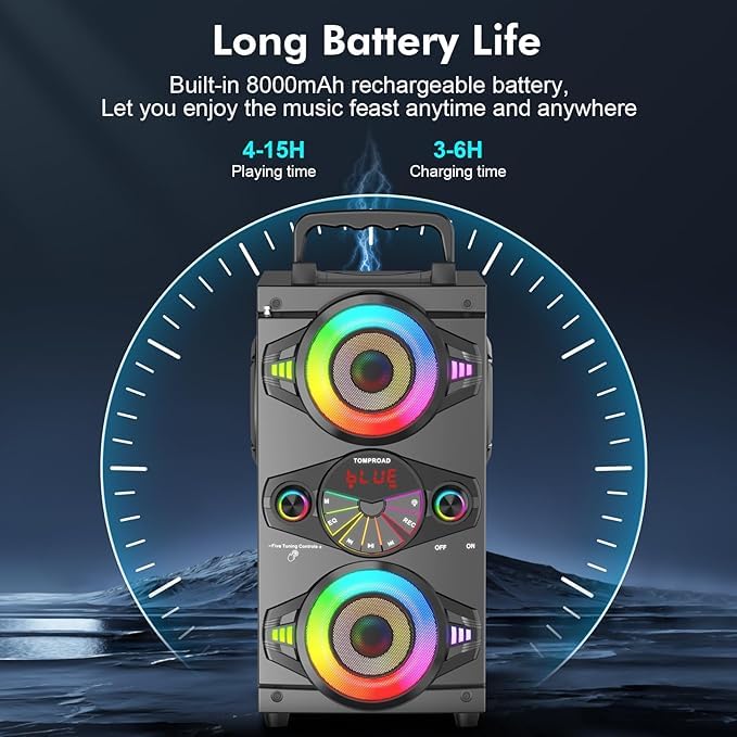 TOMPROAD Altoparlanti Bluetooth portatili 60W Grande e potente altoparlante stereo wireless ad alto volume Boombox Home Party con subwoofer, radio FM, luci colorate LED
