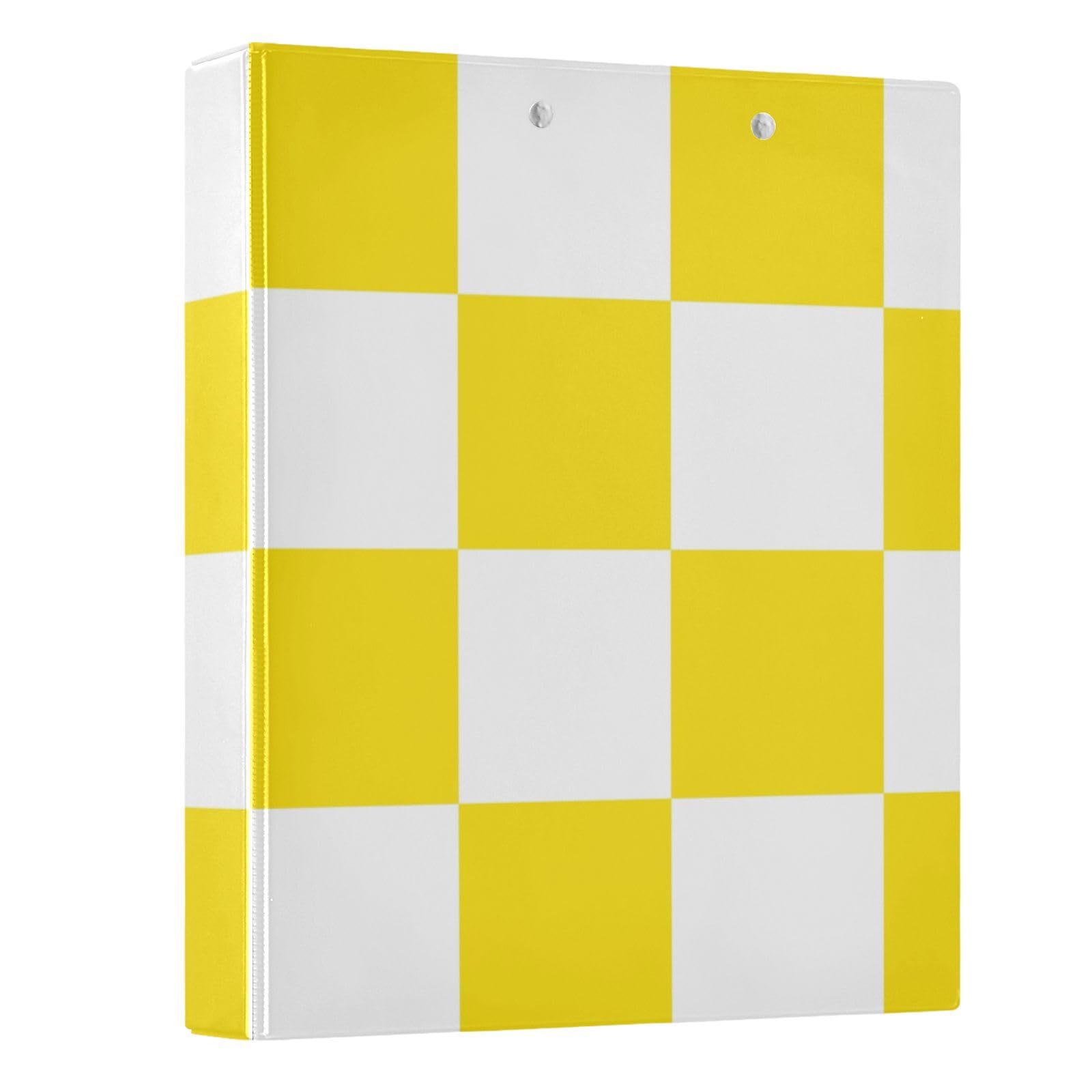 Kcldeci Raccoglitore a 3 anelli con copertina rigida, a scacchi gialli e bianchi, 3,8 cm, anelli rotondi con tasche interne, per scuola, ufficio, ricette, raccoglitori, confezione da 2