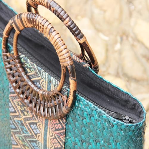 Bolso de playa para mujer, bolso tote de ratán artesanal, asa redonda de bambú miniatura 2