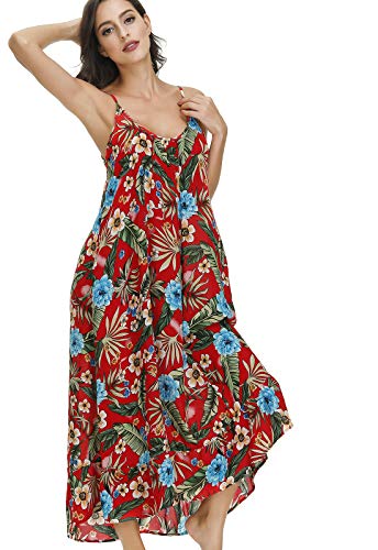 Buenos Ninos Women's V Neck Floral Maxi Dress Boho Printed Adjustable Spaghetti Strap Ethnic Beach Long Dress With Pockets Xl Red Dress #TOP3