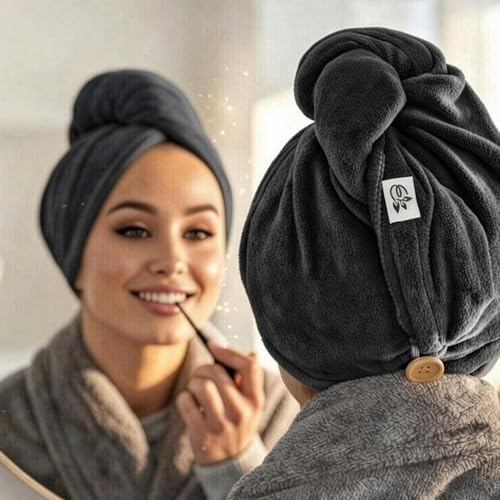 Evolatree Ultra Soft Microfiber Hair Towel Wrap with Wooden Button – Quick-Dry Anti-Frizz Turban for Women, Thoughtfully Designed for Mindful Hair Care – Raven Dark Grey - Thumbnail 2