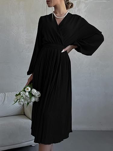 Miniatura 2 de PRETTYGARDEN Vestido Midi de Primavera para Mujer con Manga Larga Abombada, Cuello en V Envolvente, Fluido, con Volantes Plisados, Vestidos Casuales
