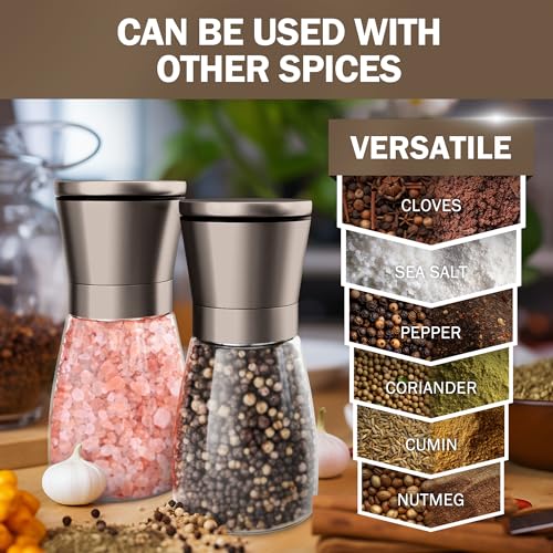 Image of Home EC Original Gun Metal Bronze Salt and Pepper Grinder Set of 2 - Adjustable Ceramic Grinder - Glass Salt and Pepper Shakers With Funnel and Ebook - Spice Mill - Bronze Kitchen Accessories