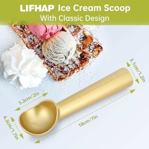 Image of Jamboree Ice Cream Scoop,7 inches Nonstick Anti-Freeze One Piece Aluminum Scooper Spoon, Heavy Duty Durable Design, Easy Clean, for Gelato, Cookie Dough, Sorbet, Almond (Gold)